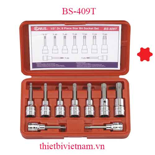 BỘ ĐẦU KHẨU 1/2 INCH ĐẦU VÍT HÌNH SAO 6 ĐỈNH 9 CHIẾC HÃNG GENIUS BS-409T