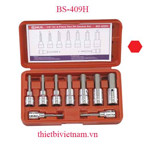 BỘ ĐẦU KHẨU 1/2 INCH  ĐẦU VÍT LỤC GIÁC HỆ MÉT 9 CHIẾC HÃNG GENIUS BS-409H