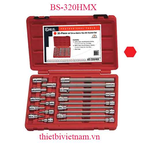 BỘ ĐẦU KHẨU 3/8 ĐẦU VÍT LỤC GIÁC HỆ MÉT 20 CHIẾC HÃNG GENIUS BS-320HMX
