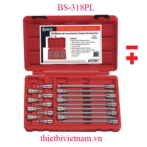 BỘ ĐẦU KHẨU 3/8 INCH ĐẦU VÍT 2 VÀ 4 CẠNH 18 CHIẾC HÃNG GENIUS BS-318PL