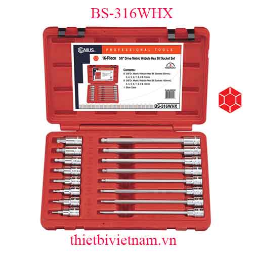 BỘ ĐẦU KHẨU 3/8 INCH ĐẦU VÍT ĐẦU BI HỆ MÉT 16 CHIẾC HÃNG GENIUS BS-316WHX