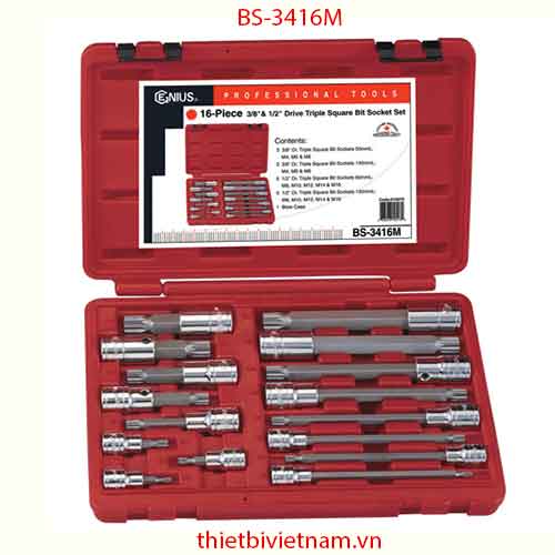 BỘ ĐẦU KHẨU 3/8 INCH VÀ 1/2 INCH ĐẦU VÍT ĐẦU SAO 12 CẠNH 16 CHIẾC HÃNG GENIUS MODEL BS-3416M