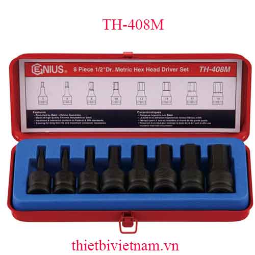 BỘ KHẨU 1/2 INCH ĐẦU VÍT LỤC GIÁC 8 CHIẾC HỆ MÉT HÃNG GENIUS TH-408M
