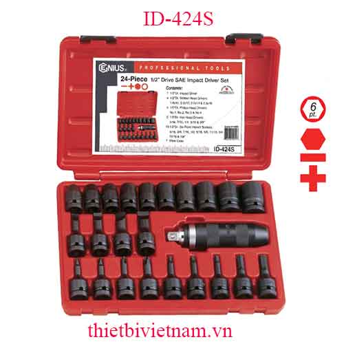 BỘ KHẨU ĐẦU VÍT 1/2 INCH HỆ INCH VÀ TAY VẶN 24 CHIẾC HÃNG GENIUS ID-424S