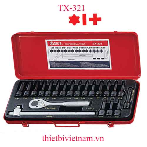 BỘ KHẨU ĐẦU VÍT 3/8 INCH VÀ TAY VẶN 21 CHIẾC HÃNG GENIUS TX-321