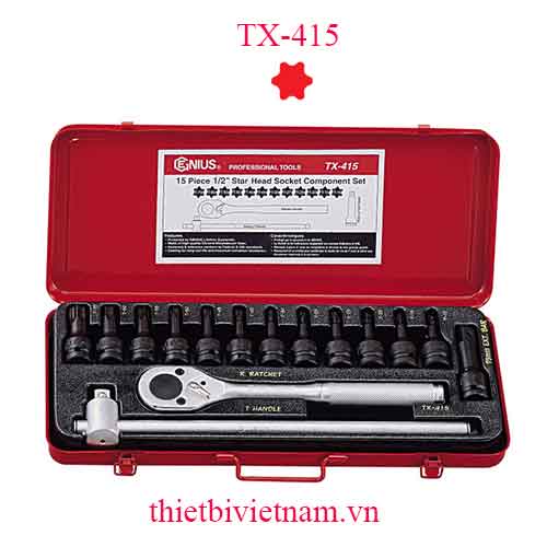 BỘ KHẨU ĐẦU VÍT HÌNH SAO 6 ĐỈNH 1/2 INCH VÀ TAY VẶN 15 CHIẾC HÃNG GENIUS TX-415