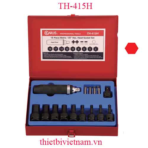 BỘ KHẨU ĐẦU VÍT LỤC GIÁC 1/2 INCH HỆ MÉT VÀ TAY VẶN 15 CHIẾC HÃNG GENIUS TH-415H