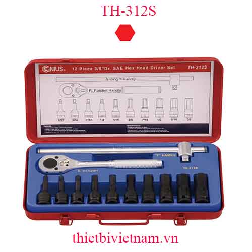 BỘ KHẨU ĐẦU VÍT LỤC GIÁC 3/8 INCH HỆ INCH VÀ TAY VẶN 12 CHIẾC HÃNG GENIUS TH-312S