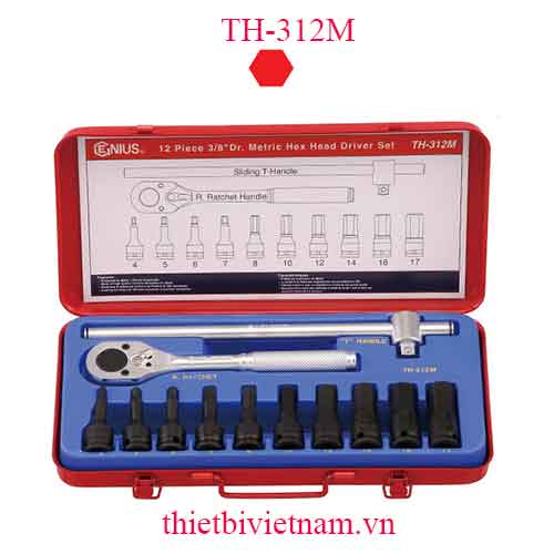 BỘ KHẨU ĐẦU VÍT LỤC GIÁC 3/8 INCH HỆ MÉT VÀ TAY VẶN 12 CHIẾC HÃNG GENIUS TH-312M
