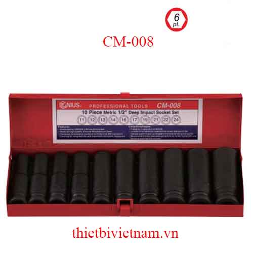 BỘ KHẨU LOẠI DÀI DÙNG CHO SÚNG 1/2 INCH 10 CHIẾC HỆ MÉT GENIUS MODEL CM-008