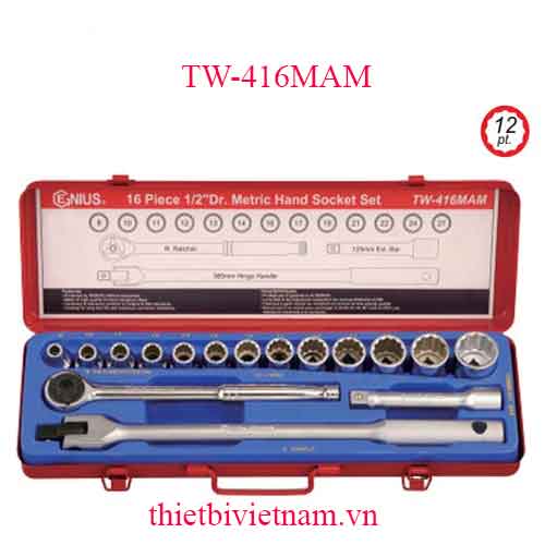 BỘ KHẨU TAY VẶN 1/2 INCH 16 CHIẾC HỆ MÉT (12 CẠNH) HÃNG GENIUS TW-416MAM