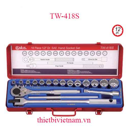 BỘ KHẨU TAY VẶN 1/2 INCH 18 CHIẾC HỆ INCH (12 CẠNH) HÃNG GENIUS TW-418S