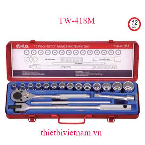 BỘ KHẨU TAY VẶN 1/2 INCH 18 CHIẾC HỆ MÉT (12 CẠNH) HÃNG GENIUS MODEL TW-418M