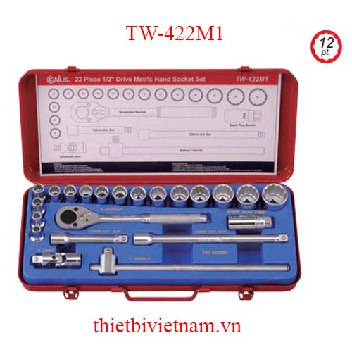 BỘ KHẨU TAY VẶN 1/2 INCH 22 CHIẾC HỆ MÉT (12 CẠNH) HÃNG GENIUS MODEL  TW-422M1