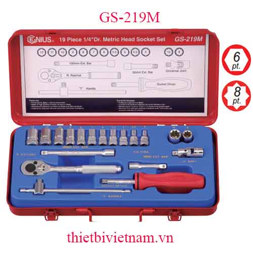 BỘ KHẨU TAY VẶN 1/4 INCH 19 CHIẾC HỆ MÉT HÃNG GENIUS MODEL GS-219M