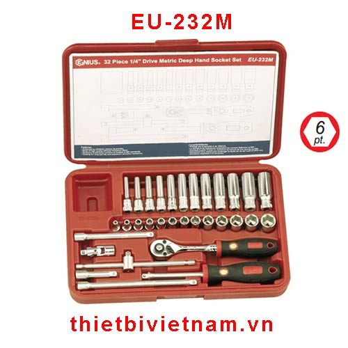 BỘ KHẨU TAY VẶN LOẠI NGẮN LOẠI DÀI 1/4 INCH 32 CHIẾC HỆ MÉT HÃNG GENIUS MODEL EU-232M