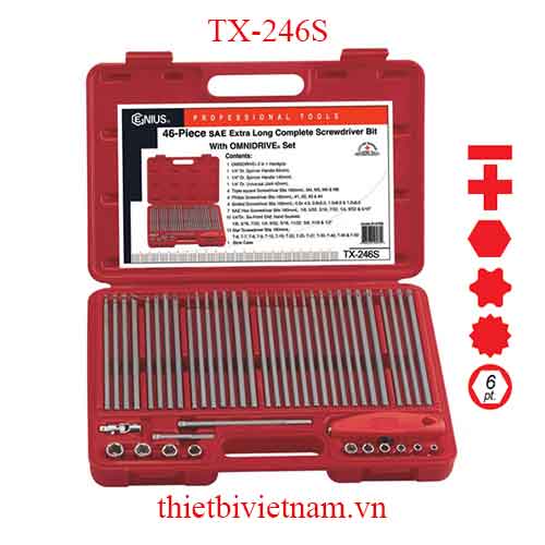 BỘ TAY VẶN VÀ ĐẦU TUỐC NƠ VÍT 46 CHIẾC HỆ INCH HÃNG GENIUS MODEL TX-246S