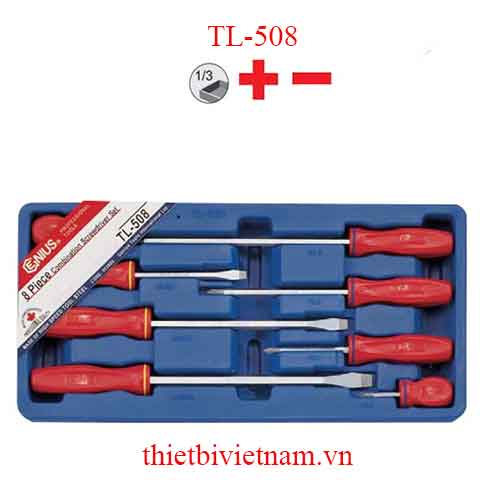 BỘ TUỐC NƠ VÍT ĐẦU 2, 4 CẠNH TAY CẦM NHỰA 8 CHIẾC HÃNG GENIUS MODEL TL-508