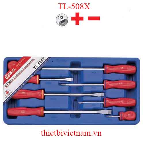 BỘ TUỐC NƠ VÍT ĐẦU 2, 4 CẠNH TAY CẦM NHỰA 8 CHIẾC HÃNG GENIUS MODEL TL-508X