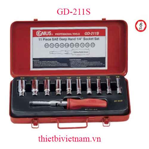 BỘ TUỐC NƠ VÍT VÀ KHẨU LOẠI DÀI 1/4 INCH 11 CHIẾC HỆ INCH GENIUS GD-211S