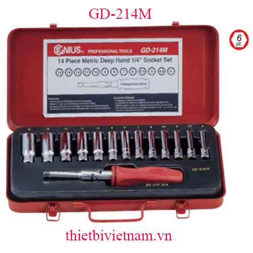 BỘ TUỐC NƠ VÍT VÀ KHẨU LOẠI DÀI 1/4 INCH 14 CHIẾC HỆ MÉT GENIUS GD-214M