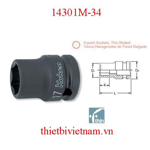 Đầu khẩu 1/2 inch dài 46mm(dùng với súng vặn bu lông) hãng Koken 14301M-34