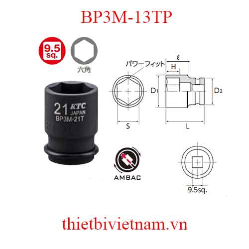 Đầu khẩu 3/8 inch dài 34 mm KTC BP3M-13TP (có vòng cao su và chốt)