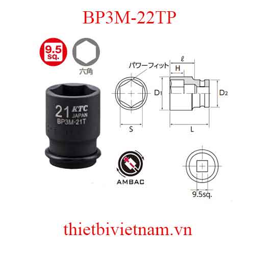 Đầu khẩu 3/8 inch dài 41 mm KTC BP3M-22TP (có vòng cao su và chốt)
