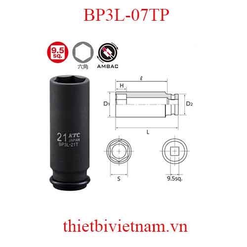 Đầu khẩu vặn ốc 3/8 inch dài 55mm KTC BP3L-07TP (có vòng cao su và chốt)