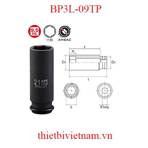 Đầu khẩu vặn ốc 3/8 inch dài 55mm KTC BP3L-09TP (có vòng cao su và chốt)