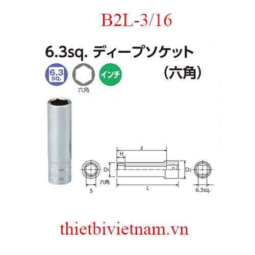 Đầu khẩu vặn ốc hệ inch dài 50 mm KTC B2L-3/16