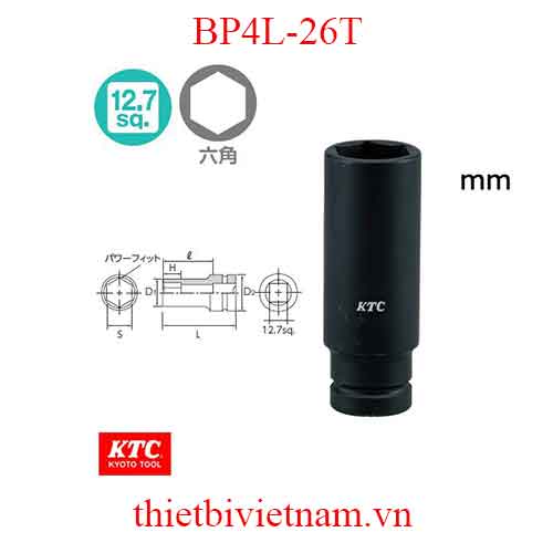 Đầu tuýp dài 1/2 inch loại 6 cạnh dài 100mm dùng cho súng vặn ốc KTC BP4L-26T