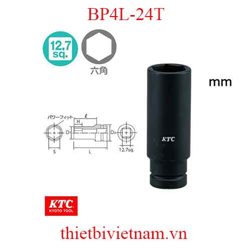 Đầu tuýp dài 1/2 inch loại 6 cạnh dài 80mm dùng cho súng vặn ốc KTC BP4L-24T