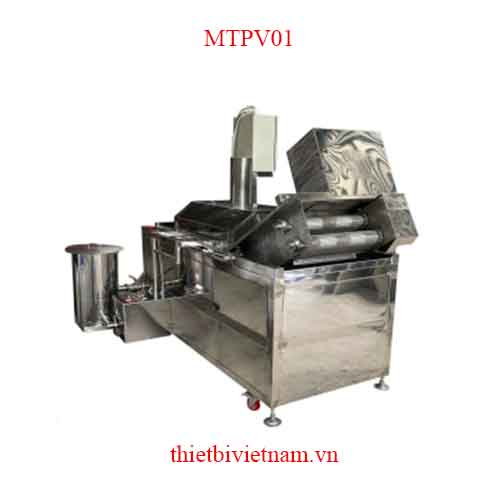 Máy chiên chả cá, chả mực, tôm tẩm bột, đùi gà dạng băng tải liên tục MTPV01